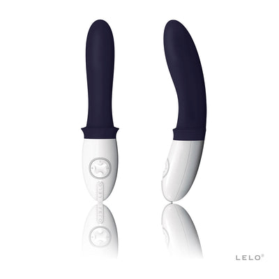 Billy 2 Deep Blue prostate massager by Lelo with ergonomic design and white control base shown from front and side views.