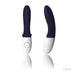 Billy 2 Deep Blue prostate massager by Lelo with ergonomic design and white control base shown from front and side views.