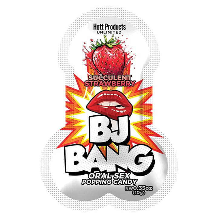 Strawberry-flavored BJ Bang oral sex popping candy in a colorful, playful packaging with lips and fruit graphics.