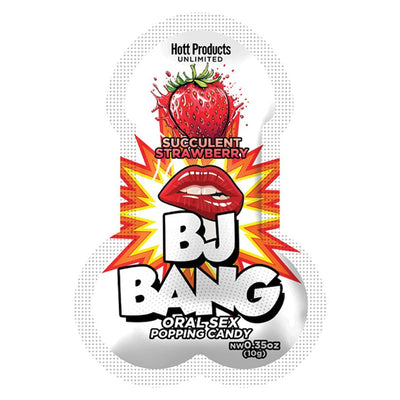 Strawberry-flavored BJ Bang oral sex popping candy in a colorful, playful packaging with lips and fruit graphics.