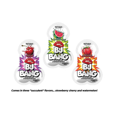 Three BJ Bang oral sex popping candy packets in cherry, watermelon, and strawberry flavors with colorful, bold packaging.