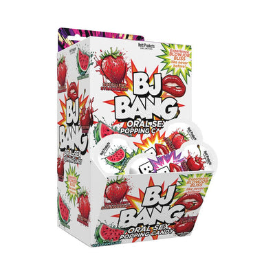 Display box of BJ Bang oral sex popping candy in cherry, watermelon, and strawberry flavors with colorful fruit illustrations.
