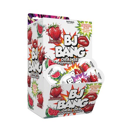 Display box of BJ Bang oral sex popping candy in cherry, watermelon, and strawberry flavors with vibrant fruit graphics.