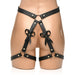 Black PU leather thigh harness with adjustable straps and decorative bows, shown on a mannequin from the back.