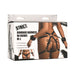 Packaging box showing a black adjustable thigh and wrist bondage harness with bows made of vegan leather on a model.