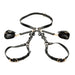 Black adjustable bondage thigh harness with wrist cuffs and gold buckles, featuring decorative bows on straps.