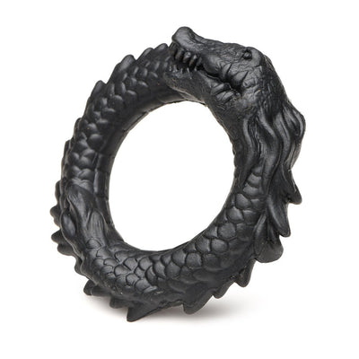 Black silicone cock ring shaped like a detailed caiman with textured scales and a grinning head.