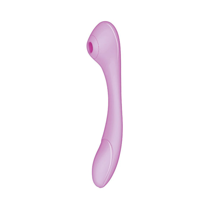 Pink flexible dual-stimulation massager with suction feature and ergonomic curved design against white background.