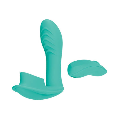 Turquoise dual-stimulation remote control vibrator with textured internal and external stimulators.