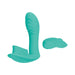 Turquoise dual-stimulation remote control vibrator with textured internal and external stimulators.