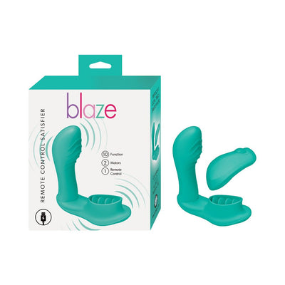Teal Blaze Remote Satisfier with dual motors and wireless remote control shown with packaging box.