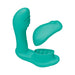 Teal dual-stimulation remote control satisfier with textured internal and external design for personalized pleasure.