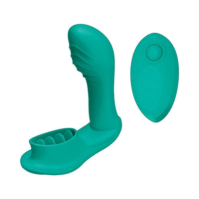 Teal dual-stimulation silicone device with textured internal and external parts, accompanied by a matching remote control.