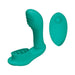 Teal dual-stimulation silicone device with textured internal and external parts, accompanied by a matching remote control.
