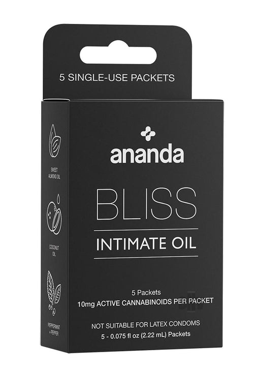 Black box packaging of Ananda Bliss Intimate Oil with 5 single-use packets and CBD-infused formula.