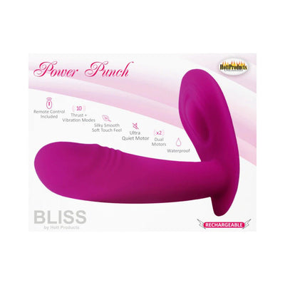Purple Bliss Power Punch thrusting vibrator with dual motors, remote control, and waterproof design.