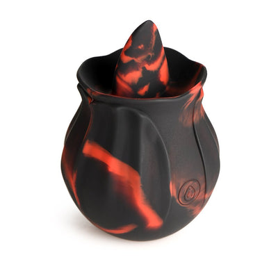 Black and red marbled silicone rose-shaped personal massager with a textured tongue detail.