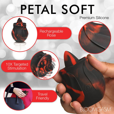 Hand holding a black and red rechargeable silicone rose-shaped stimulator with close-ups showing soft petals and travel-friendly size.