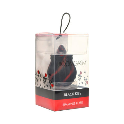 Bloomgasm Black Kiss Rimming Rose in black and red silicone displayed in clear packaging with floral design and product branding.