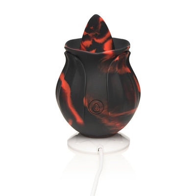 Black and red marbled silicone rose-shaped rimming toy on white USB charging base.