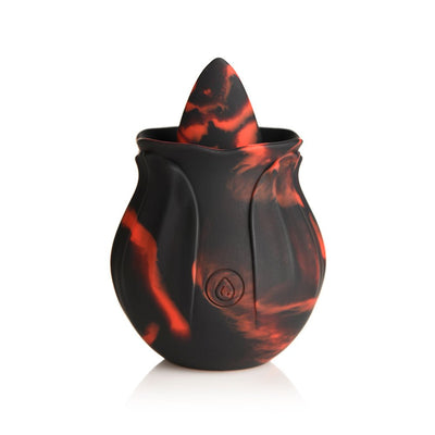 Black and red marbled silicone rose-shaped personal massager with a textured tongue tip and single button control.
