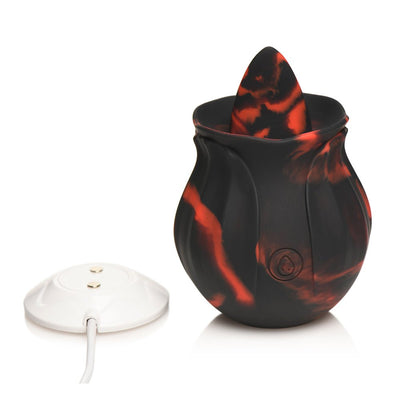 Black and red marbled silicone rose-shaped rimming toy with a USB charging base on a white background.