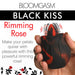Hand holding a black and red rose-shaped silicone rimming toy with vibrating tongue motion illustration.