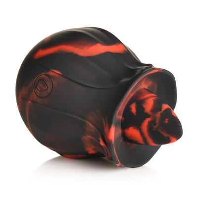 Black and red marbled silicone rose-shaped personal massager with a textured tongue tip.