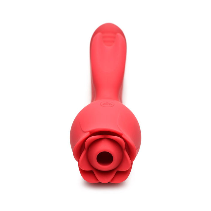 Red silicone Bloomgasm Blooming Bunny with rosebud suction tip and rabbit ear vibrator on a white background.