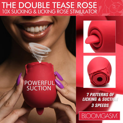 Red rose-shaped double tease stimulator held by a smiling person with purple nails, featuring powerful suction and licking modes.