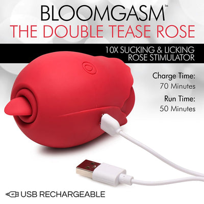 Red silicone rose-shaped stimulator with USB charging cable, highlighting 10x sucking and licking functions.
