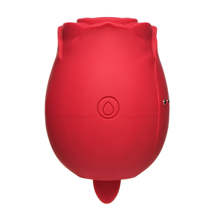 Compact red rose-shaped silicone personal massager with a single button and a small tongue-like extension at the base.