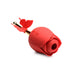 Red silicone rose-shaped clit stimulator with golden stem and fluttering butterfly detail on white background.