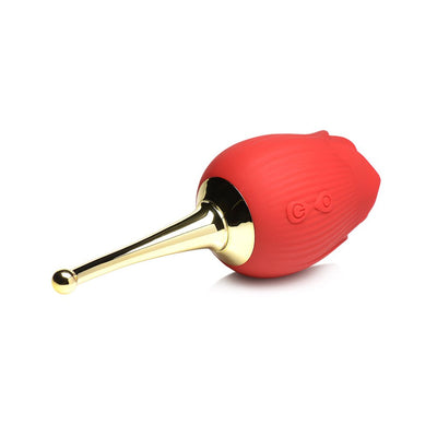 Red silicone rose-shaped clit stimulator with a gold-toned vibrating rod and control buttons on the side.