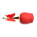 Red rose-shaped clit stimulator with gold stem and fluttering butterfly wings on a white background.