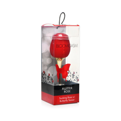 Bloomgasm Flutter Rose clit stimulator with red silicone rose and butterfly teaser in clear retail packaging.