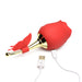 Red rose-shaped clitoral stimulator with gold stem, fluttering butterfly detail, and USB charging cable.