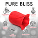 Red flower-shaped personal massager with vibrating tongue, suction cup, and control buttons, made of soft silicone.