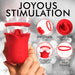 Hand holding red Bloomgasm Lily Lover with removable suction cup, soft texture, and clear top for powerful suction stimulation.