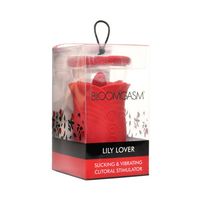 Red Bloomgasm Lily Lover clitoral stimulator in clear packaging with floral design and black and red label.