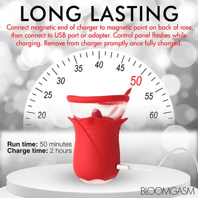 Red Bloomgasm Lily Lover flower-shaped vibrator charging with USB cable, highlighting 50-minute run time and 2-hour charge time.