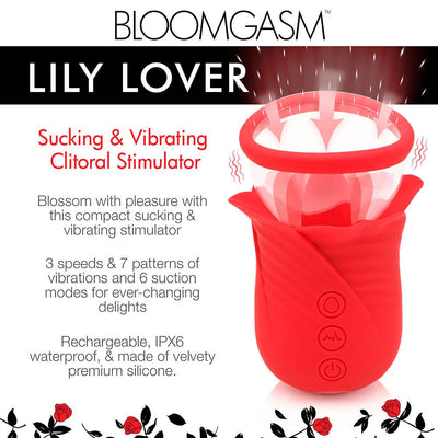 Red Bloomgasm Lily Lover clitoral stimulator with suction cup and vibration controls, made of premium silicone.