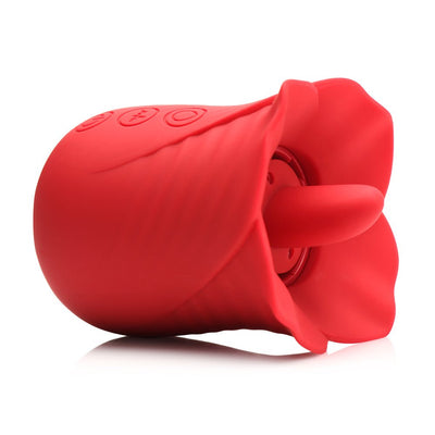 Red silicone flower-shaped personal massager with vibrating tongue and control buttons on the side.
