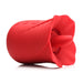 Red silicone flower-shaped personal massager with vibrating tongue and control buttons on the side.
