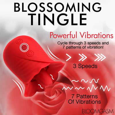 Red silicone flower-shaped personal massager with three vibration speeds and seven vibration patterns.
