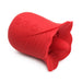 Red silicone flower-shaped personal massager with vibrating tongue and control buttons on the side.