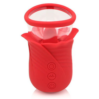 Red silicone flower-shaped personal massager with clear suction cup and control buttons on the front.