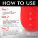 Instructions for using the Bloomgasm Lily Lover Red with labeled buttons for power, suction modes, and vibration settings on a red silicone surface.