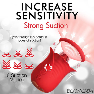 Red Bloomgasm Lily Lover with six suction modes and vibrating tongue to increase sensitivity and pleasure.