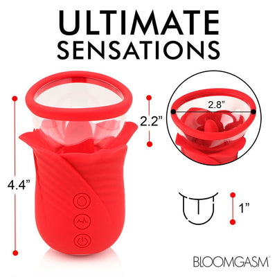 Red silicone flower-shaped personal massager with clear suction cup, measuring 4.4 inches tall and 2.8 by 2.2 inches opening.